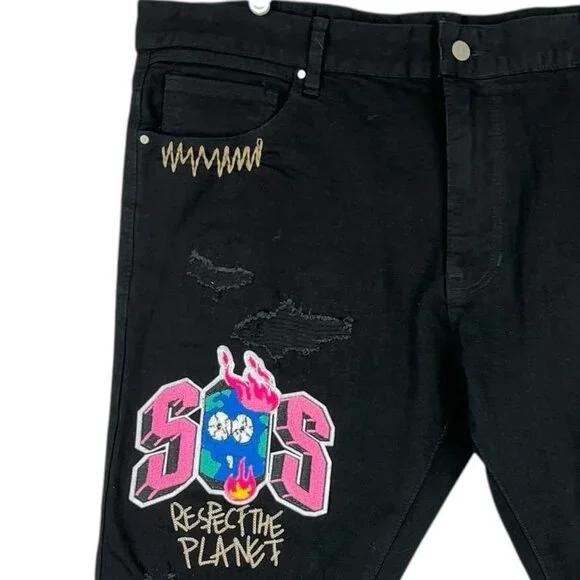 First Row Men's Future Distressed Slim Black Jeans Sz 42x32 Straight Stretch NWT